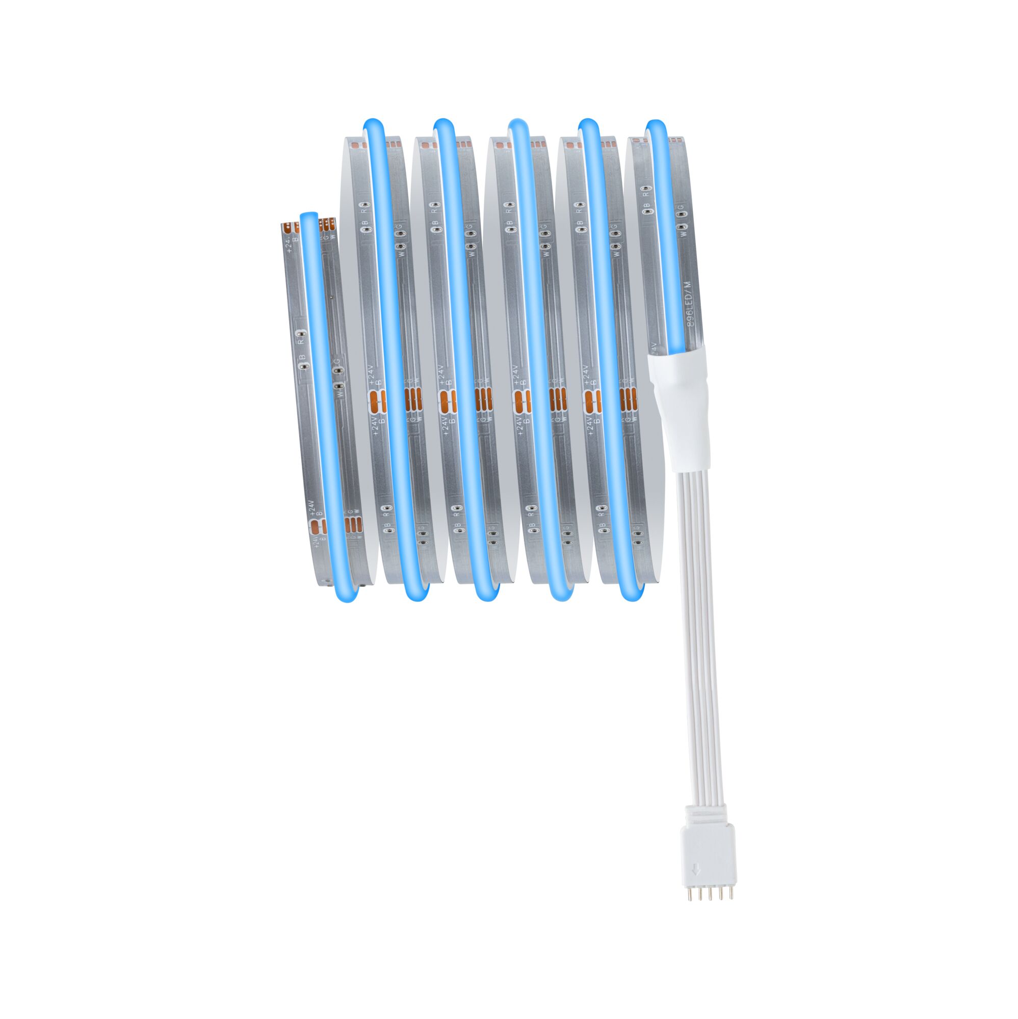 Flexible LED strip light with blue illumination and white connector cable for modern lighting design