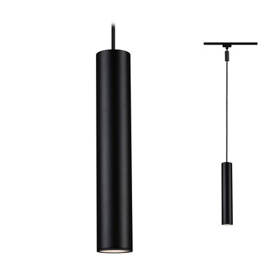 Black cylindrical metal pendant light with minimalist design for modern interior lighting