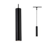 Black cylindrical metal pendant light with minimalist design for modern interior lighting