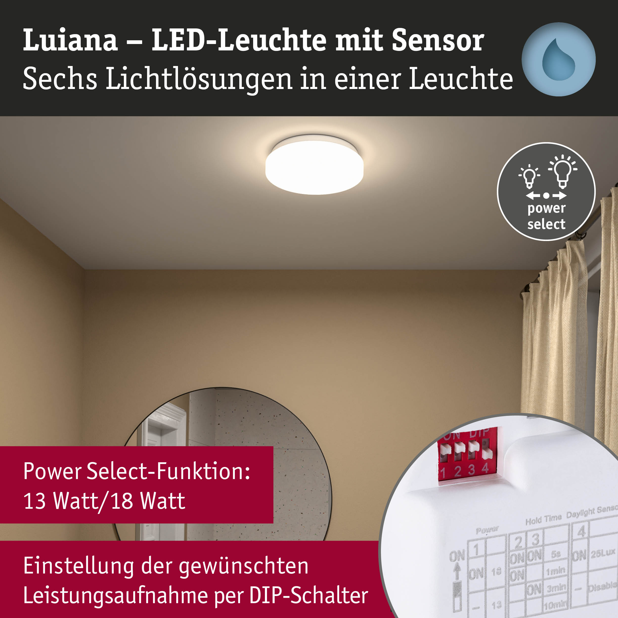 Weiße Luiana LED-Deckenleuchte mit Sensor und Power Select Funktion für energiesparende Beleuchtung