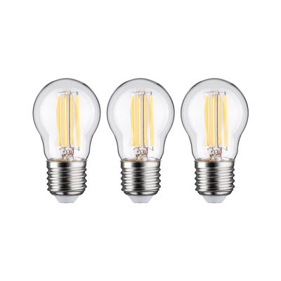 Three clear glass LED bulbs with silver base, energy-efficient lighting solution