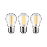 Three clear glass LED bulbs with silver base, energy-efficient lighting solution
