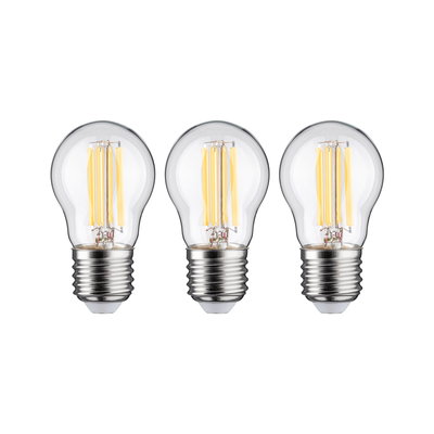 Three clear glass LED bulbs with silver base, energy-efficient lighting solution