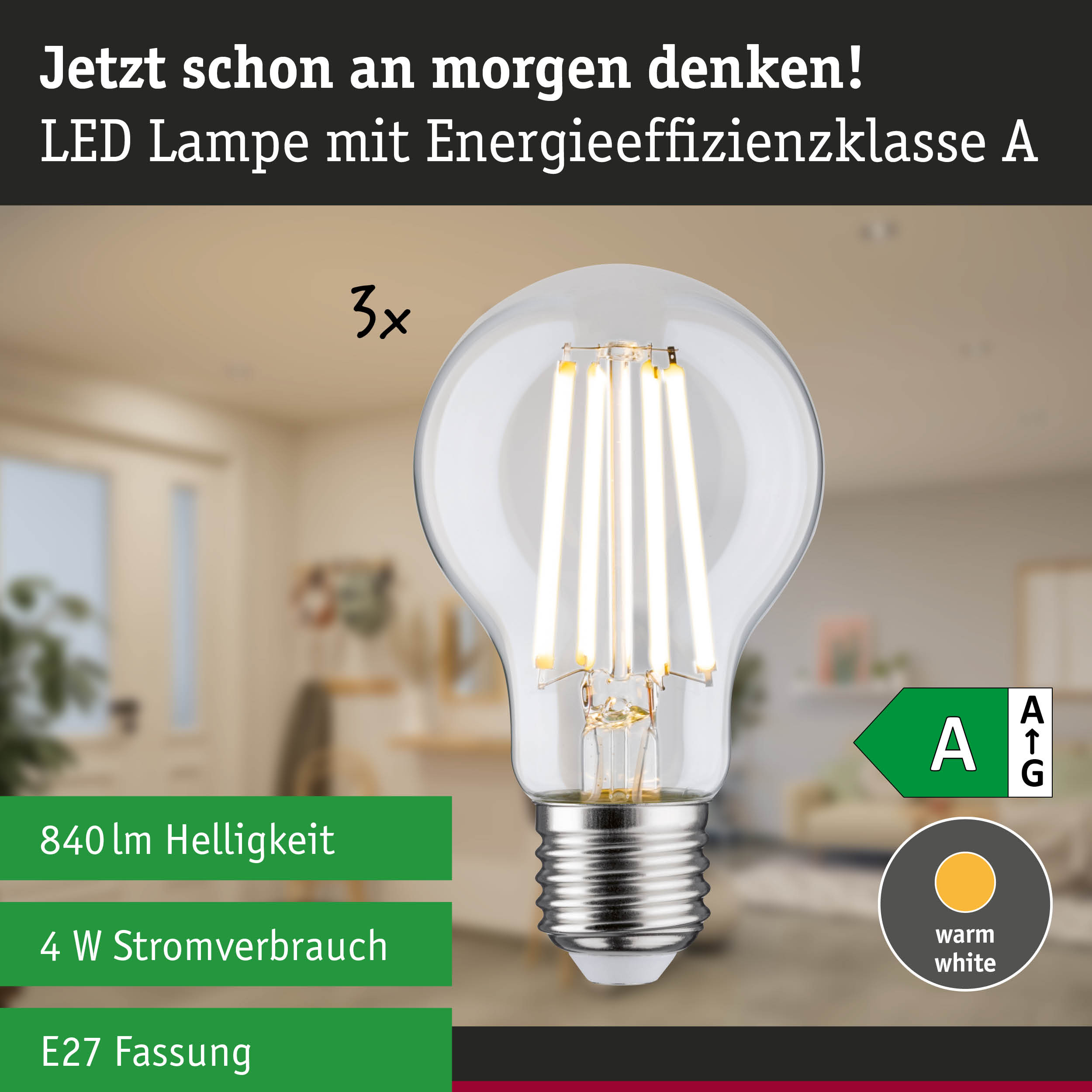 Efficient-Line Filament 230V LED Birne E27 3er-Set 3x840lm 3x4W 3000K Klar