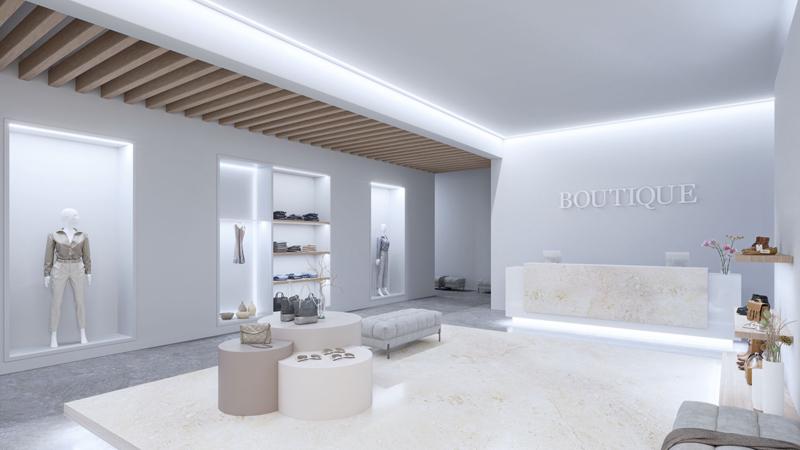 Intérieur de boutique moderne blanc avec plafond en bois et éclairage minimaliste pour commerce.