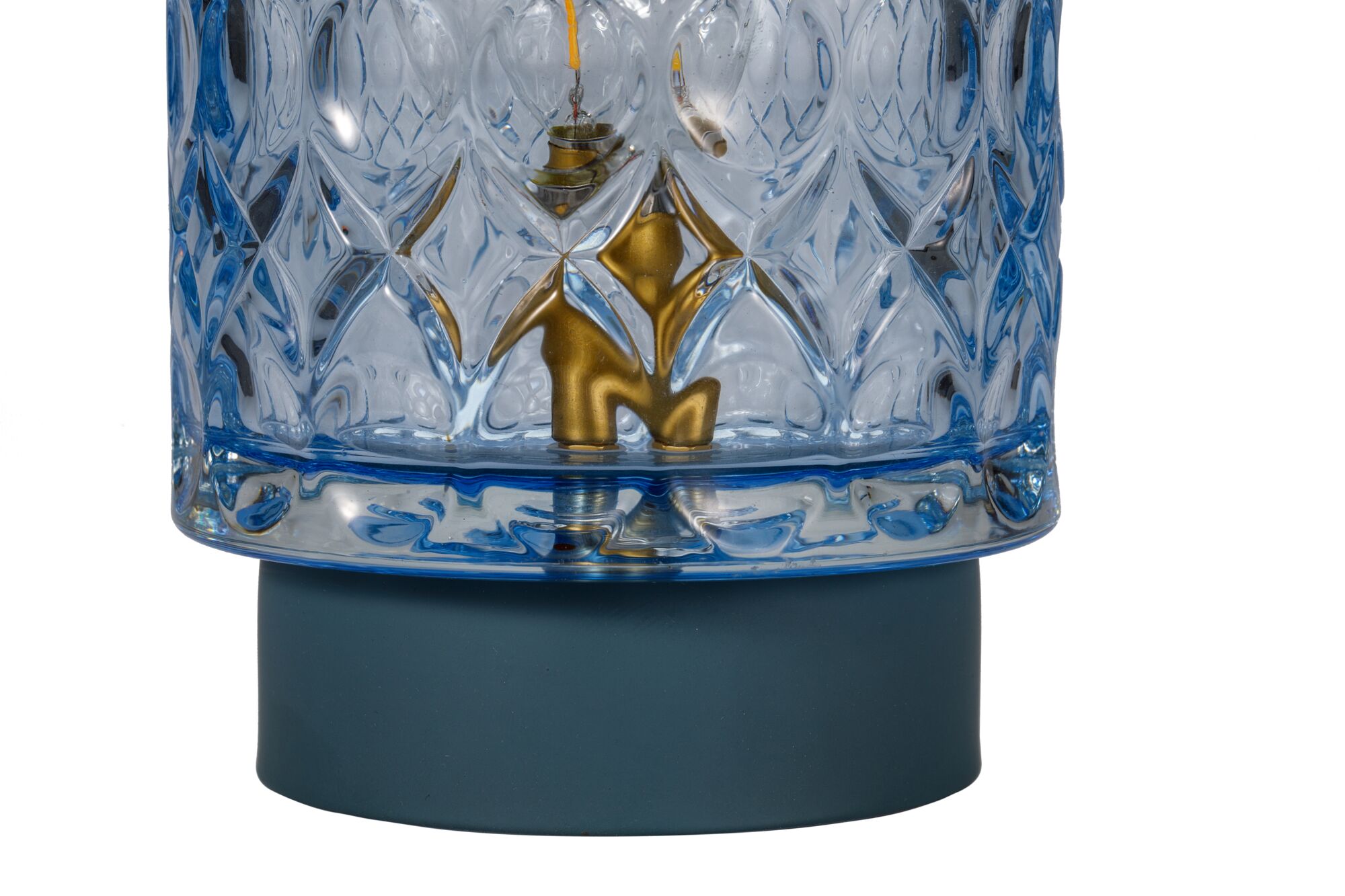 Abat-jour en verre cristal bleu avec intérieur doré sur socle bleu foncé mat, accessoire d'éclairage LED