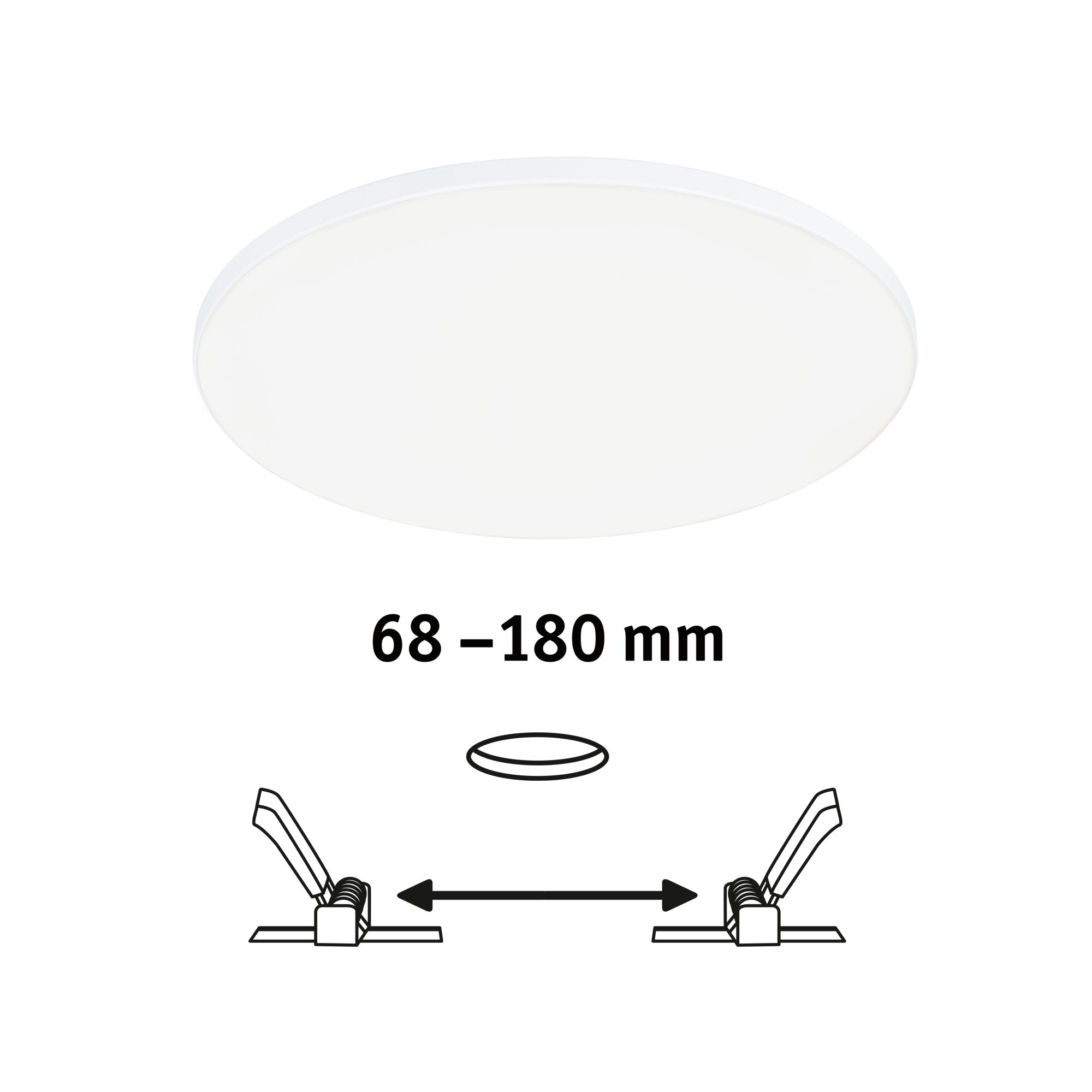 Round white LED ceiling light with adjustable installation size from 68 to 180 mm for flexible lighting