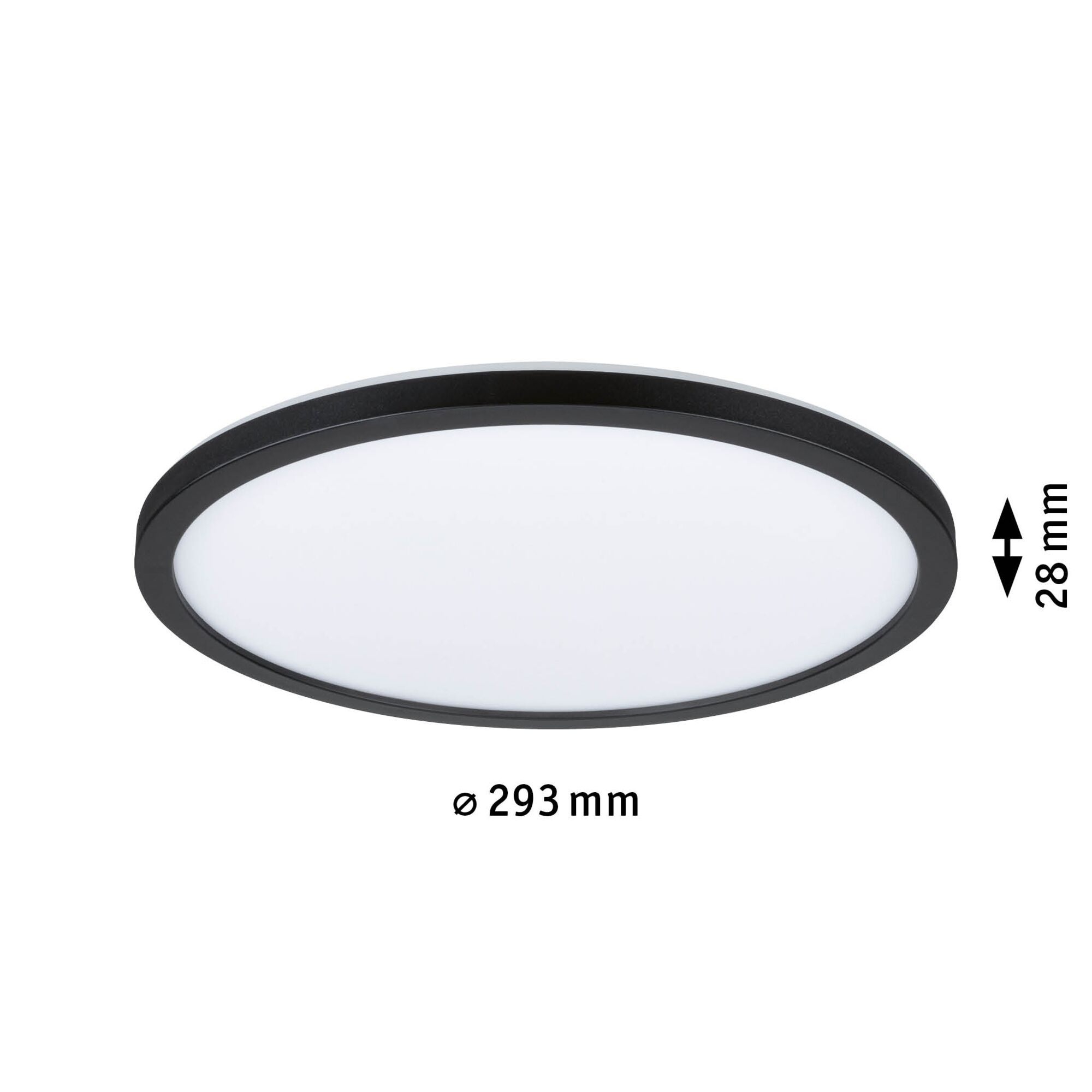 Round LED ceiling light with black frame and white diffuser, 293 mm diameter, 28 mm height