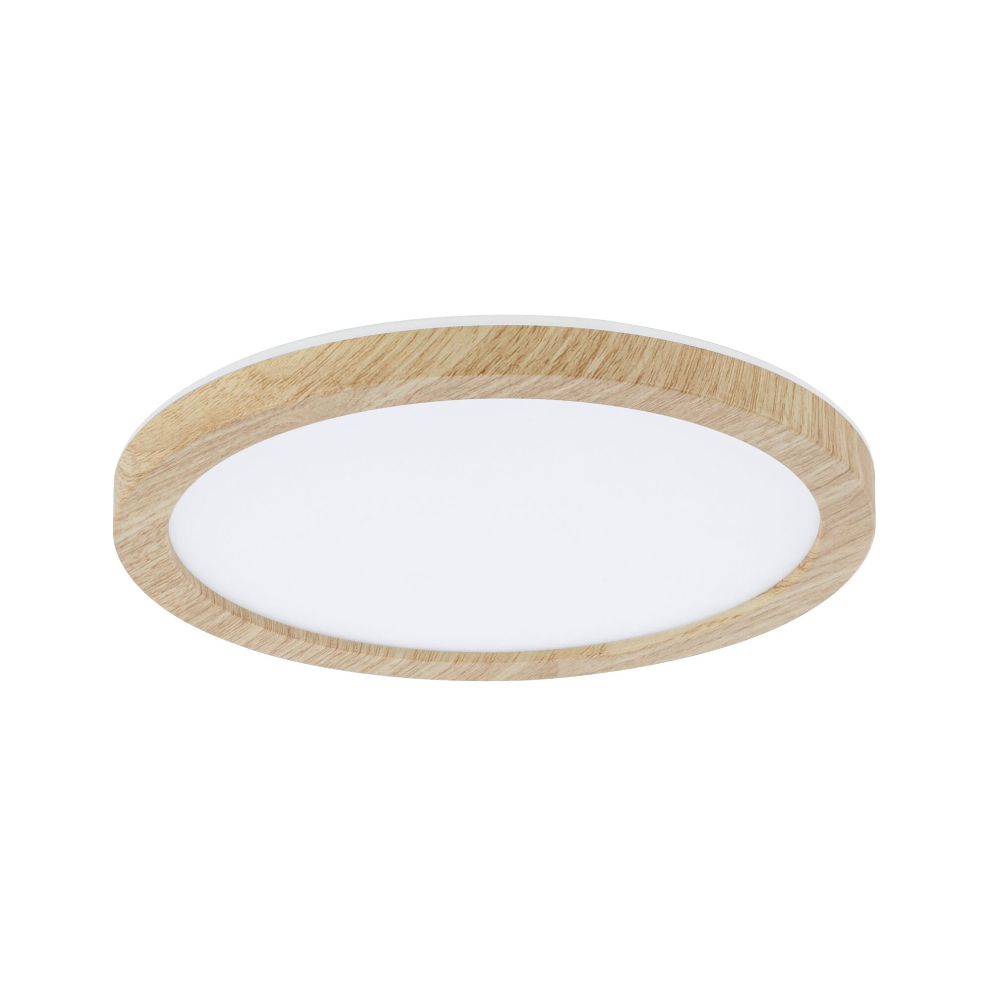 Round ceiling light with natural wood frame and white diffuser for modern room lighting