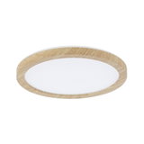 Round ceiling light with natural wood frame and white diffuser for modern room lighting