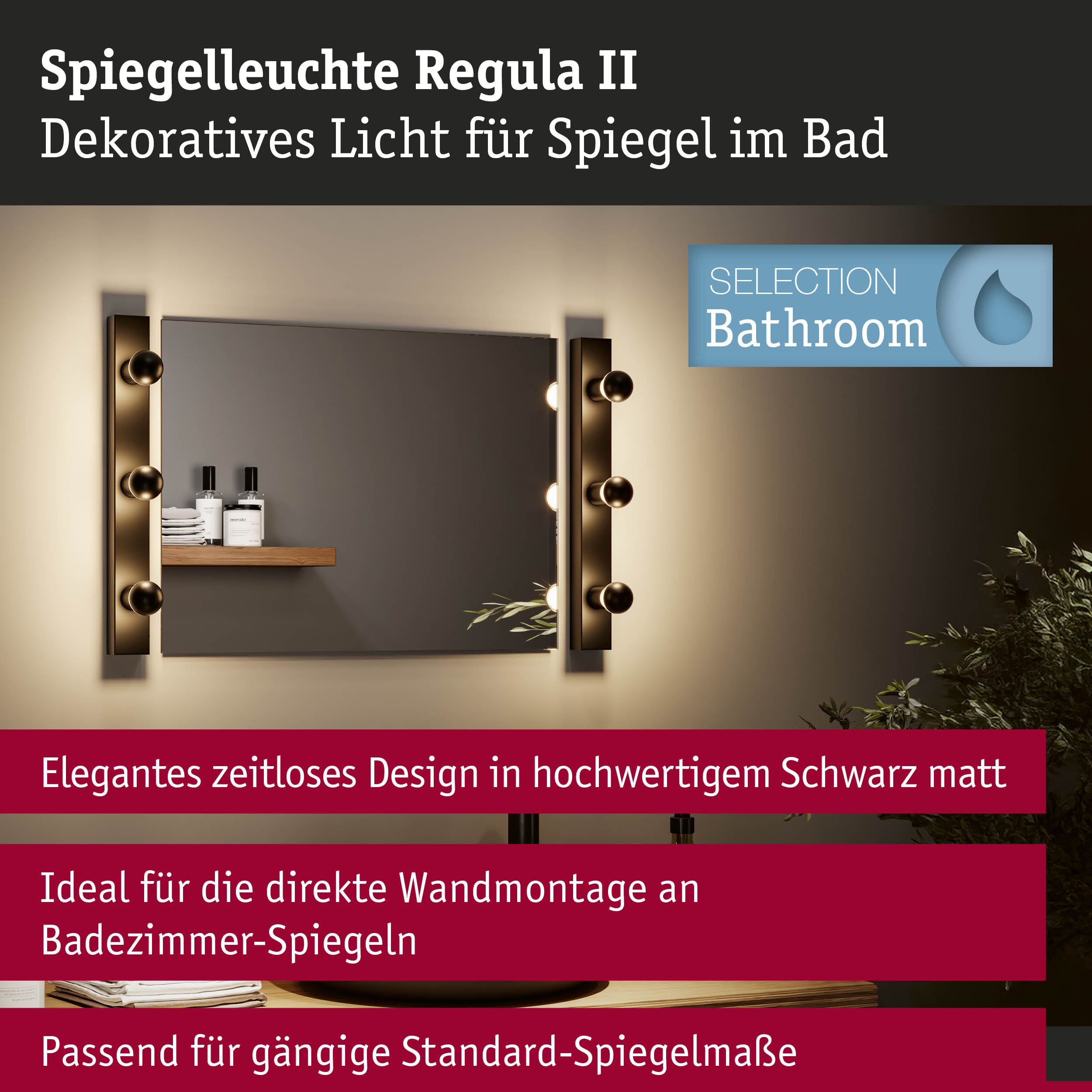 Set Spiegelleuchte Regula II inkl. Leuchtmittel 3-flammig IP44 E14 2700K 3x470lm 230V 3x4,5W dimmbar Schwarz/Kopfspiegel Schwarz matt
