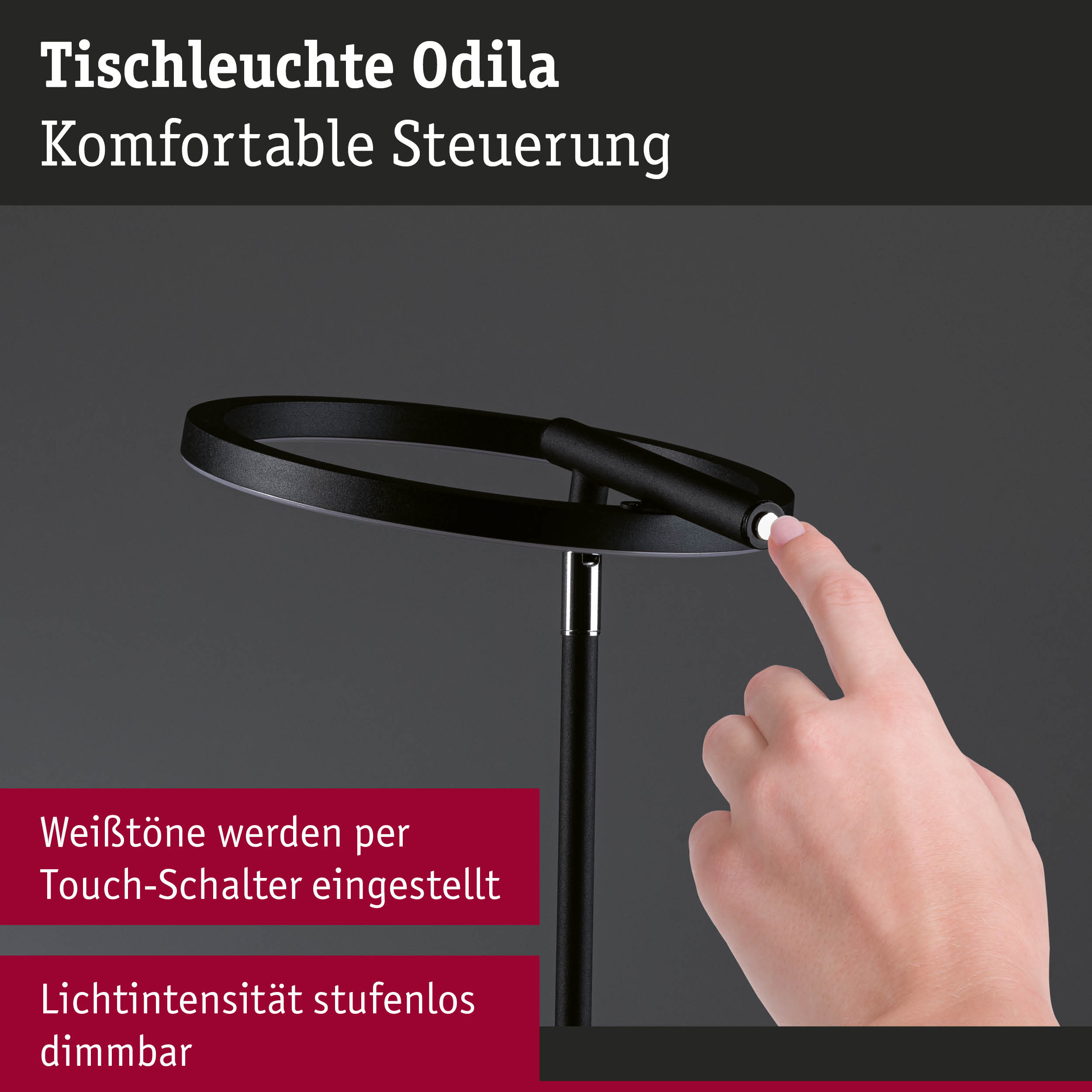 Schwarze Tischleuchte Odila mit Touch-Schalter und stufenlos dimmbarer Lichtintensität für Wohnräume
