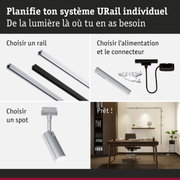 Système modulaire URail avec rails en aluminium noir et blanc pour éclairage LED flexible.
