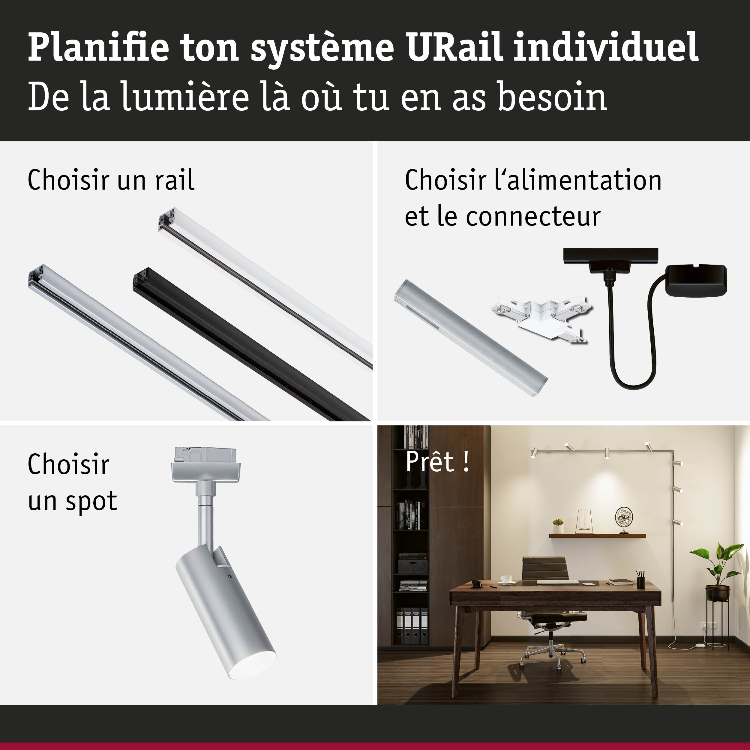 Système modulaire URail avec rails en aluminium noir et blanc pour éclairage LED flexible.