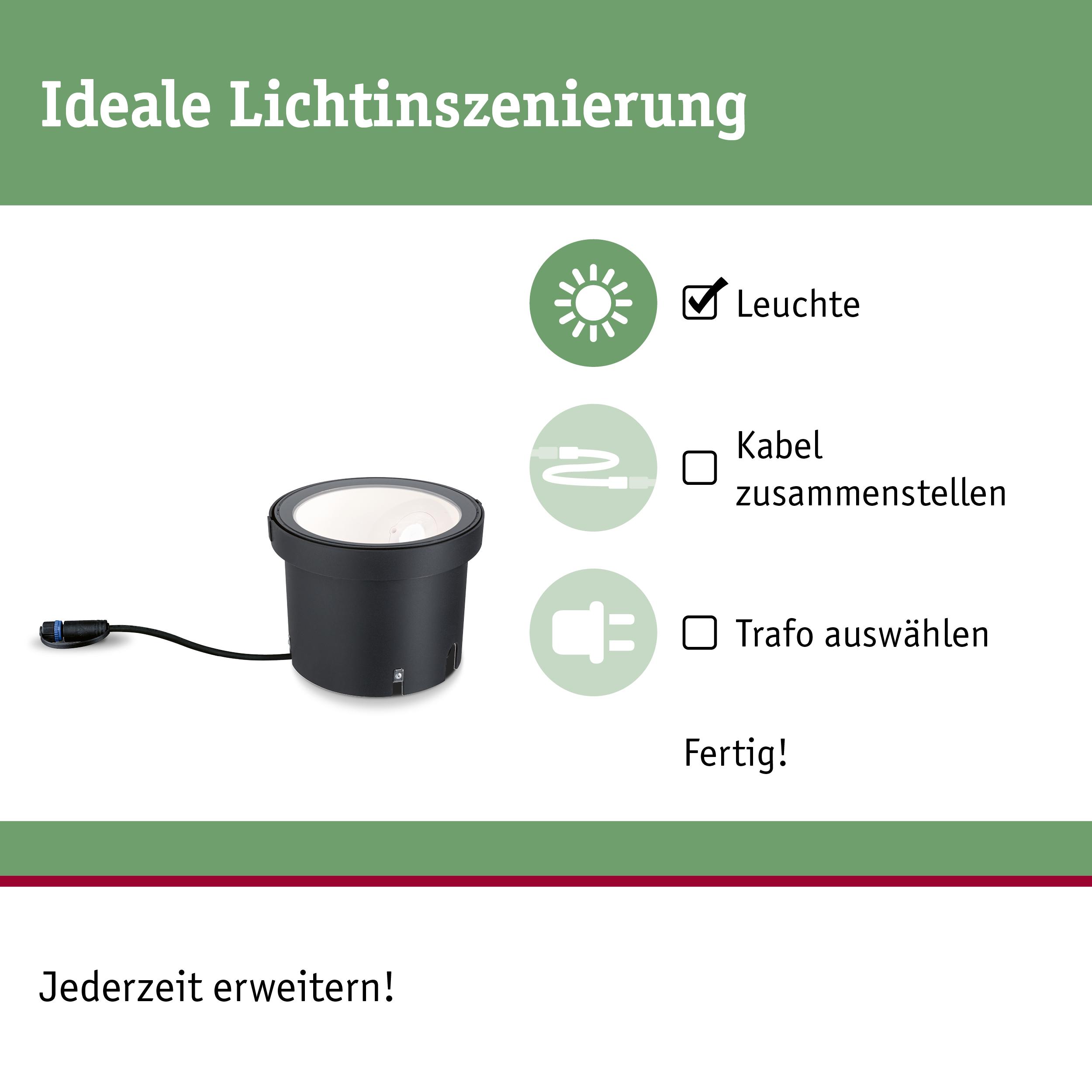 Schwarze LED-Leuchte mit Kabelanschluss für flexible Lichtinszenierung und einfache Erweiterung.