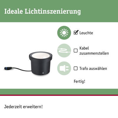 Schwarze LED-Leuchte mit Kabelanschluss für flexible Lichtinszenierung und einfache Erweiterung.