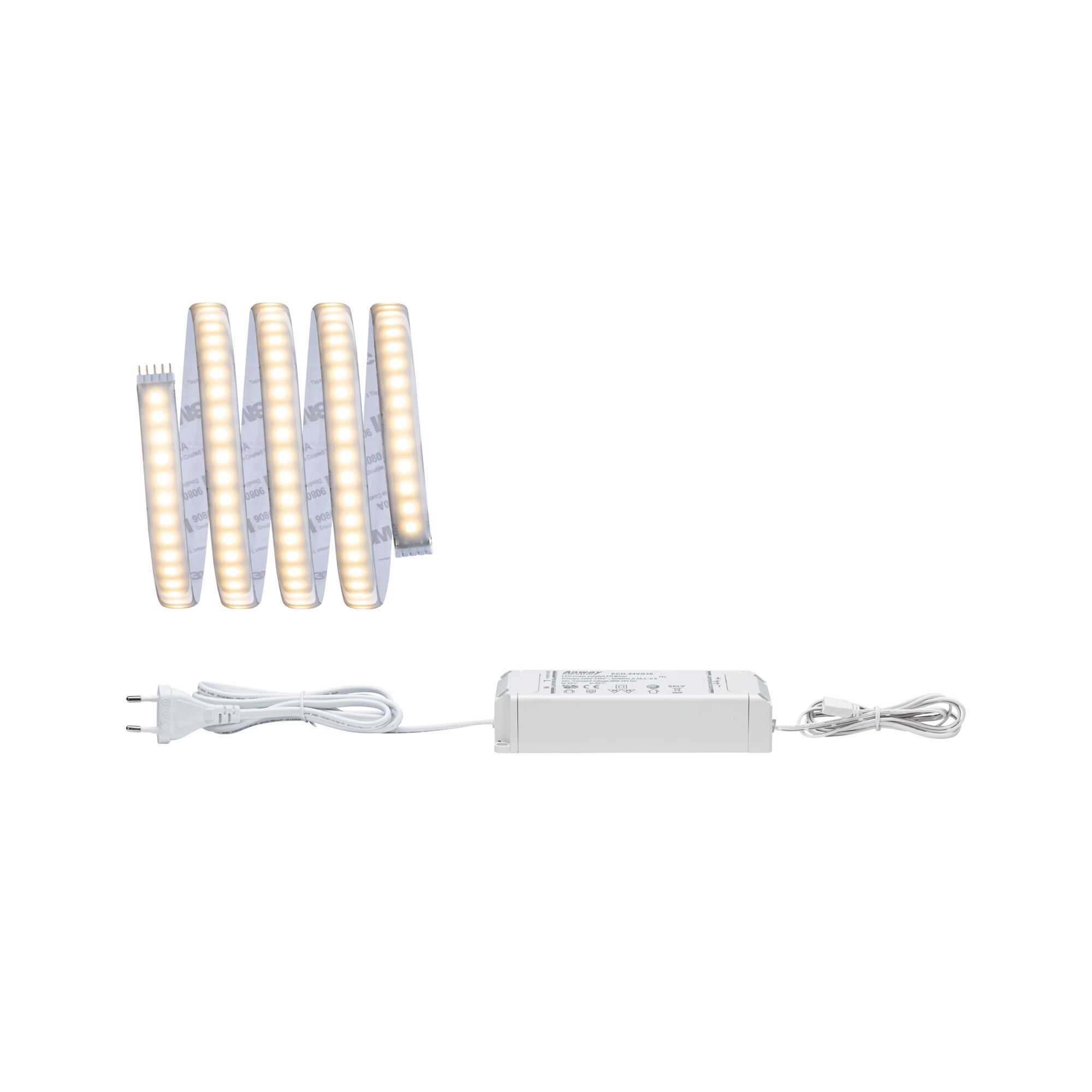 Flexible LED strip with warm white lights and white power supply for versatile lighting applications