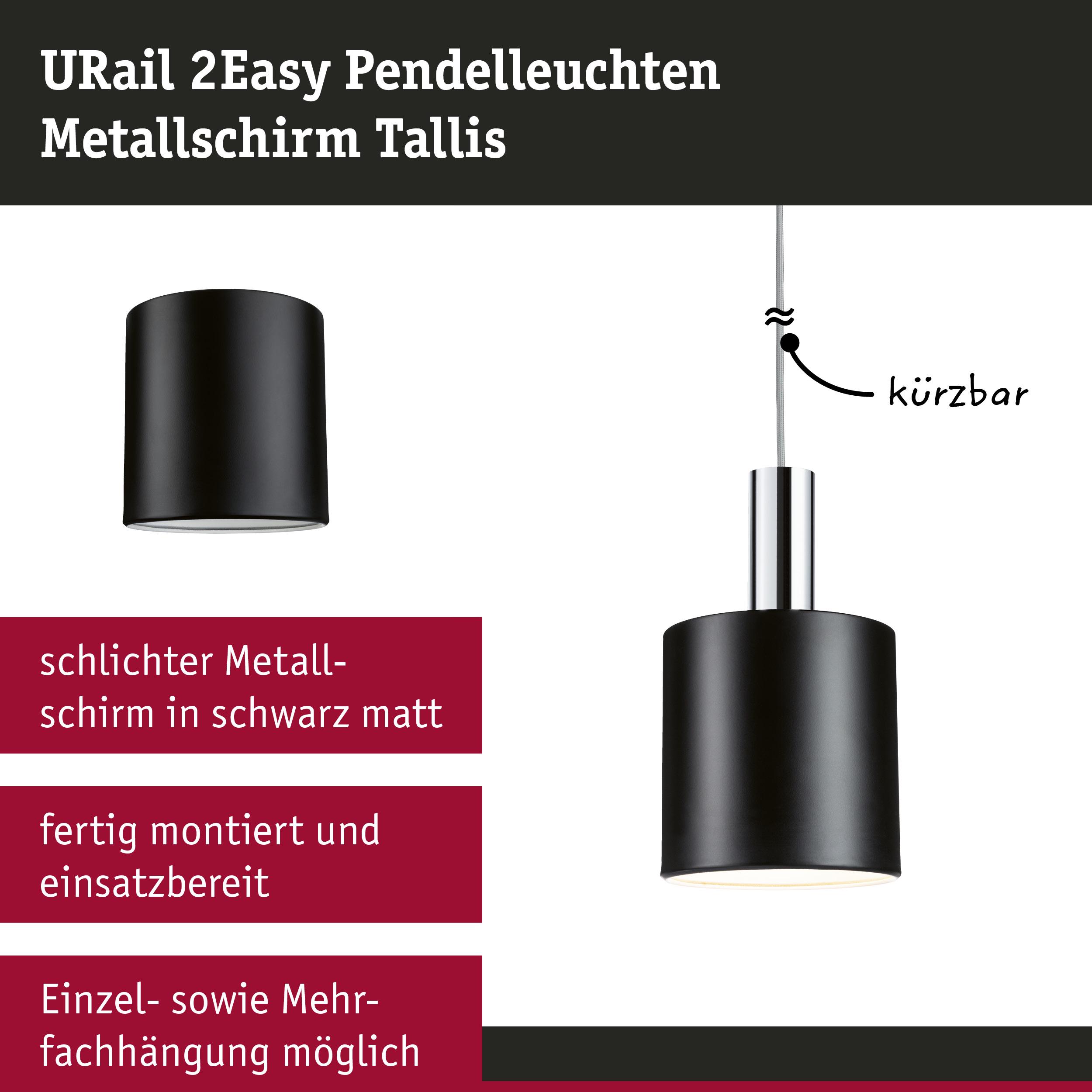URail 2Easy Pendelleuchte mit mattschwarzem Metallschirm, kürzbar und fertig montiert für flexible Beleuchtung