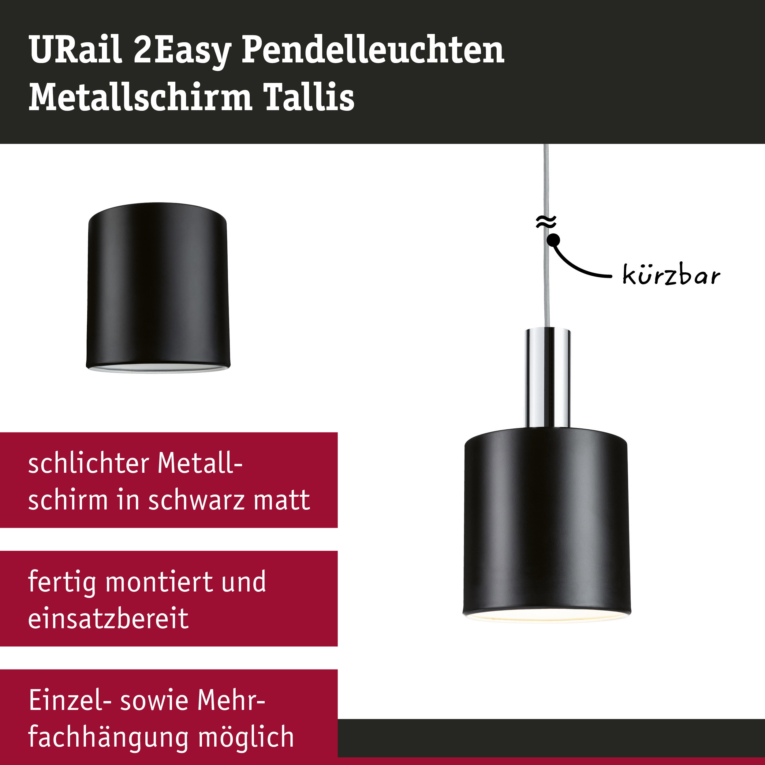 URail 2Easy Pendelleuchte mit schwarzem Metall-Schirm, matt, moderne Hängelampe für Wohnräume