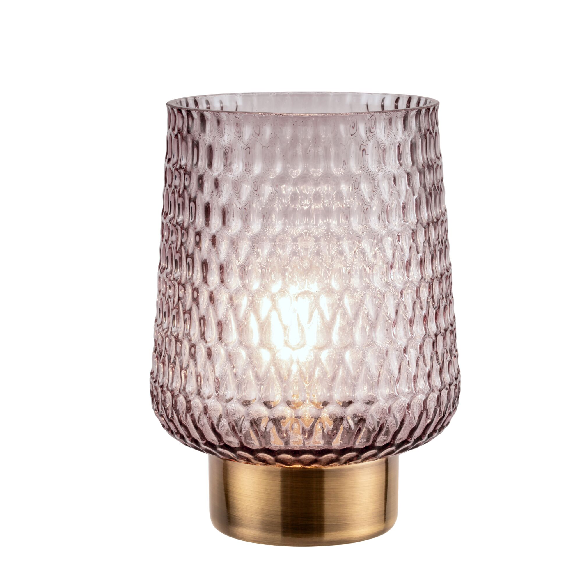 Decorative table lamp with textured pink glass and gold metal base for ambient lighting in living spaces