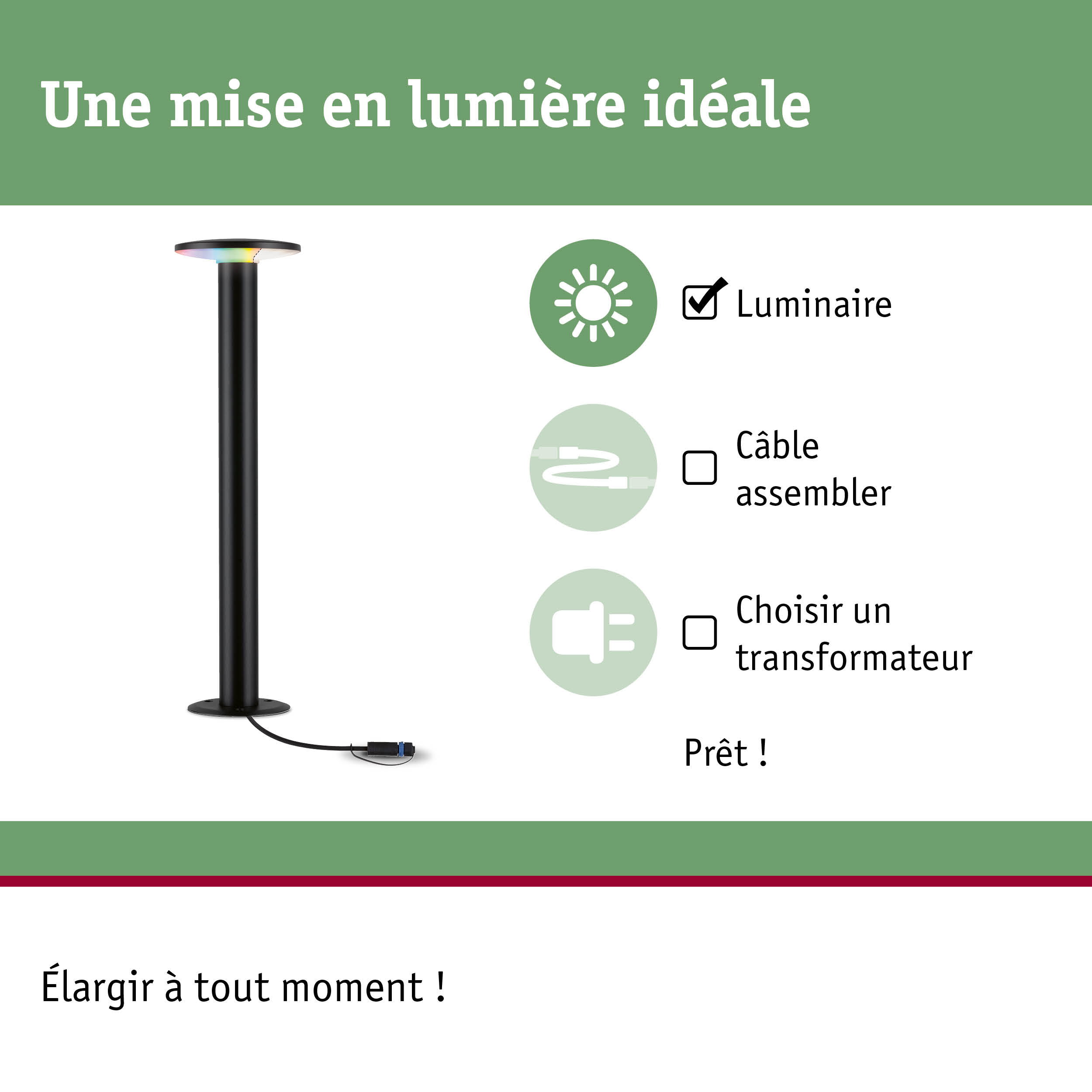 Luminaire LED extérieur noir avec câble pour éclairage de jardin flexible et installation facile