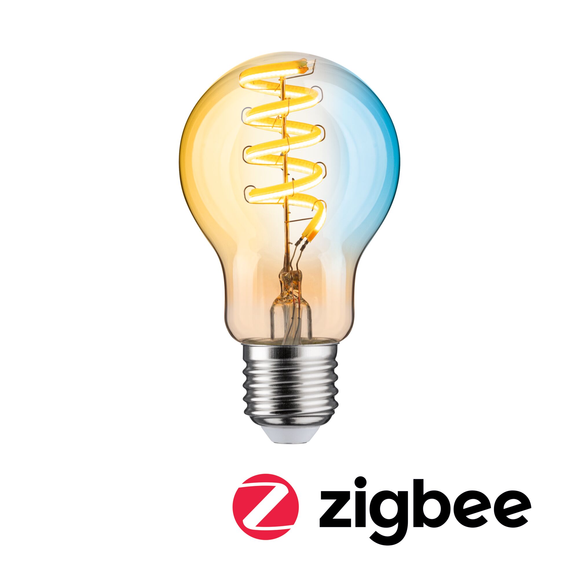Filament 230V Smart Home Zigbee 3.0 LED Birne E27 600lm 7,5W Tunable White dimmbar Gold LED-Glühbirne mit Spiralfaden in warmweißem Licht und Zigbee-Logo für smarte Beleuchtung
