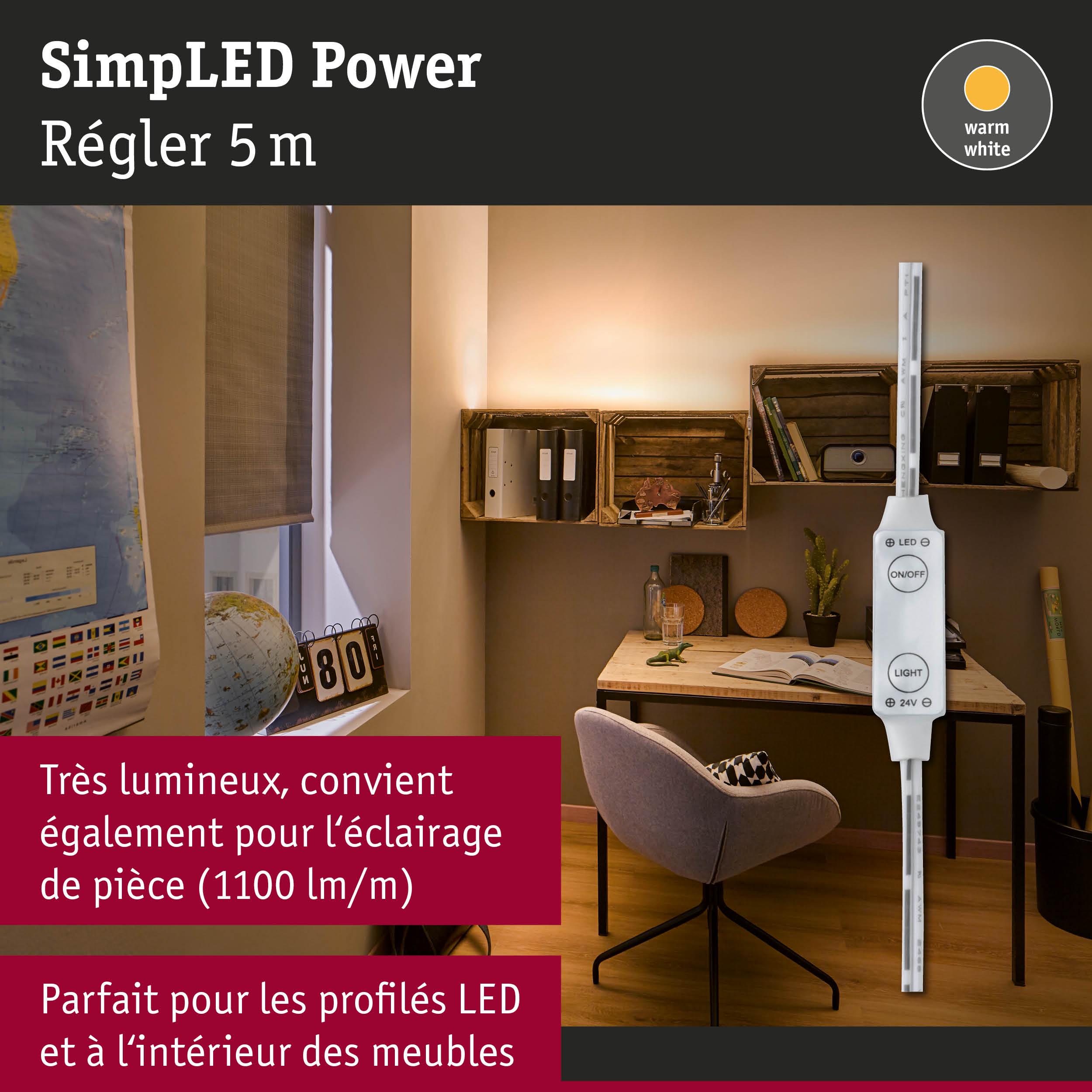 Variateur LED blanc avec lumière blanc chaud, idéal pour profils LED et éclairage intérieur de meubles.