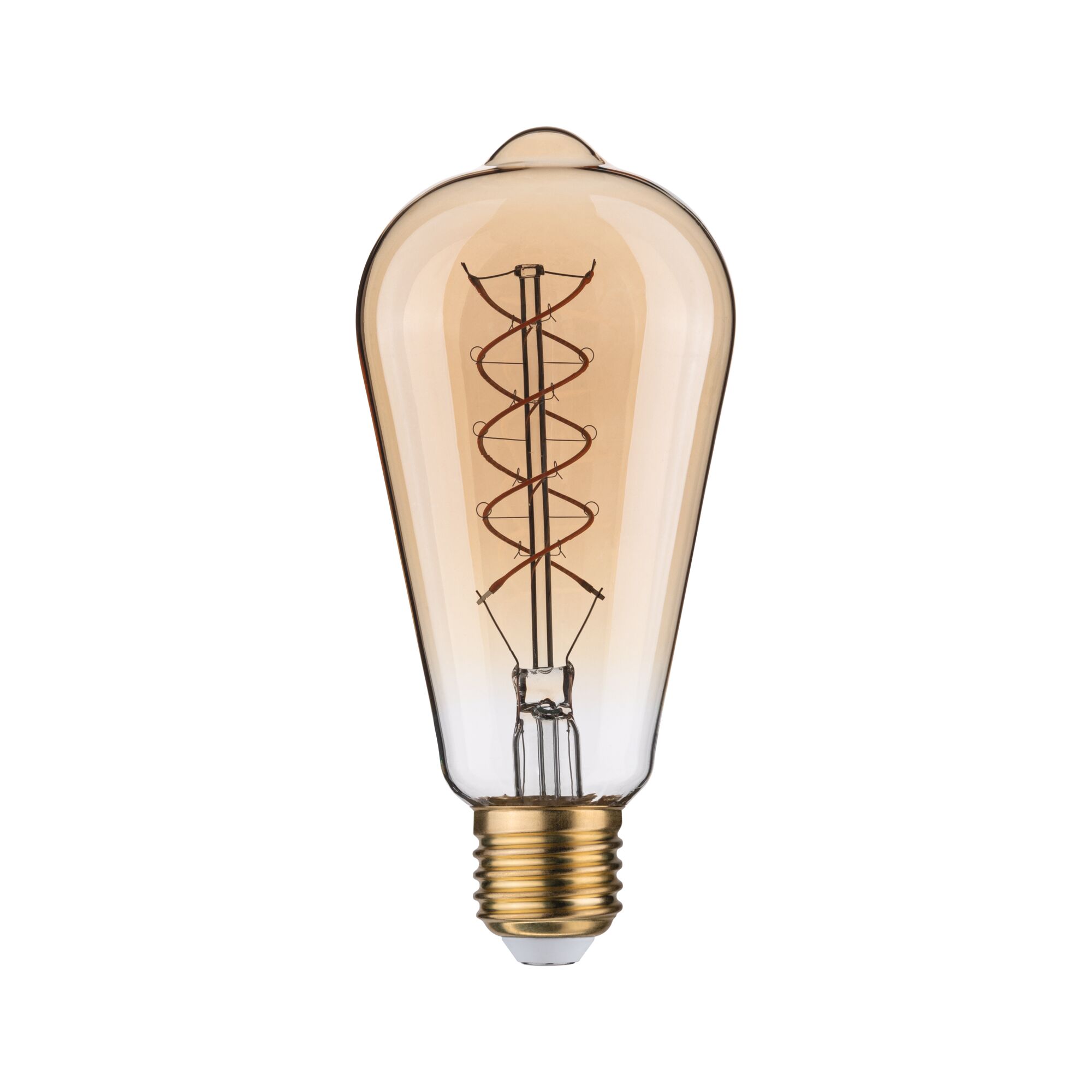Vintage LED-pære med spiralformet glødetråd og guldfarvet sokkel til dekorativ belysning