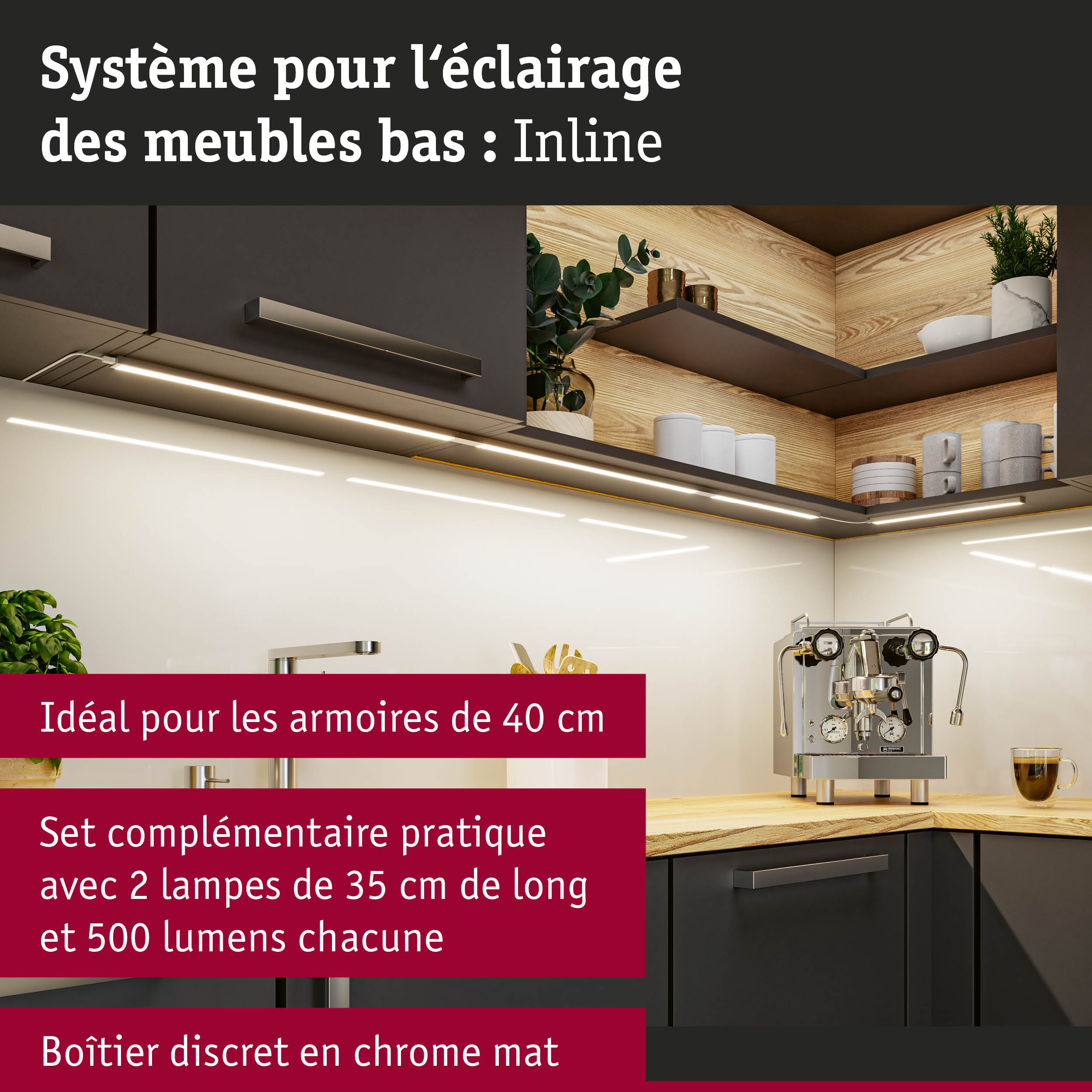 Éclairage LED sous meuble en chrome mat pour cuisine avec façades noires et étagères en bois