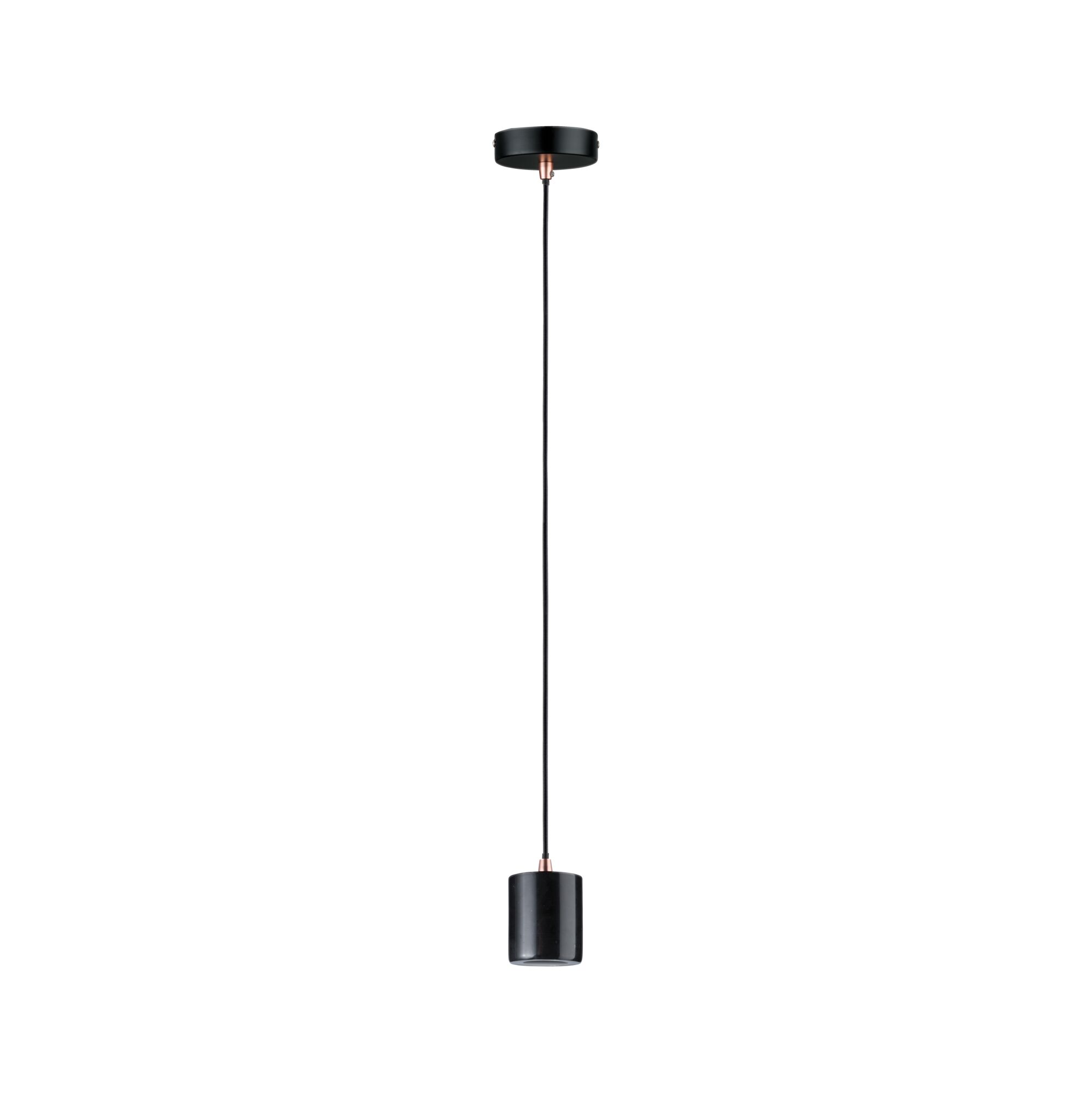 Zwarte metalen hanglamp met koperen accenten en stoffen snoer voor moderne binnenverlichting
