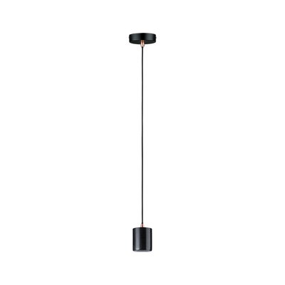 Black metal pendant light with copper accents and fabric cord for modern interior lighting