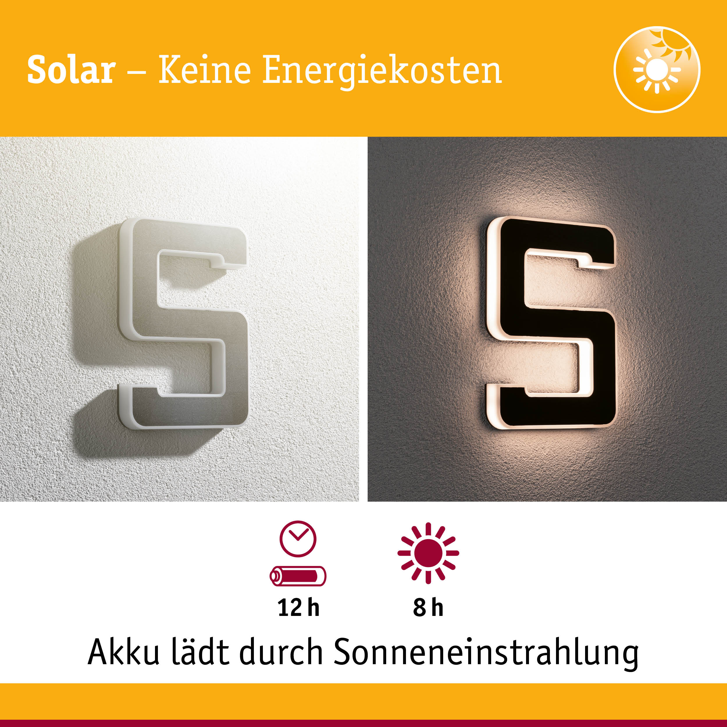 Solarbetriebene Wandlampe in Schwarz und Weiß mit LED-Beleuchtung und Energiesparfunktion