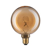 Round LED bulb with twisted filament in amber glass for decorative lighting and warm ambiance
