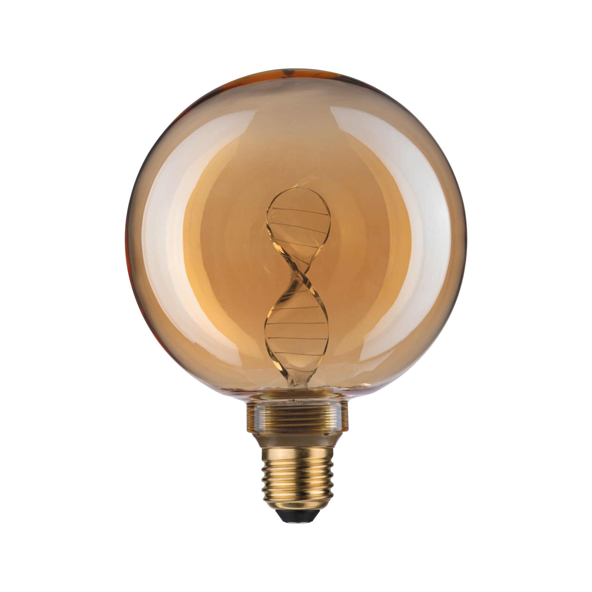 Round LED bulb with twisted filament in amber glass for decorative lighting and warm ambiance
