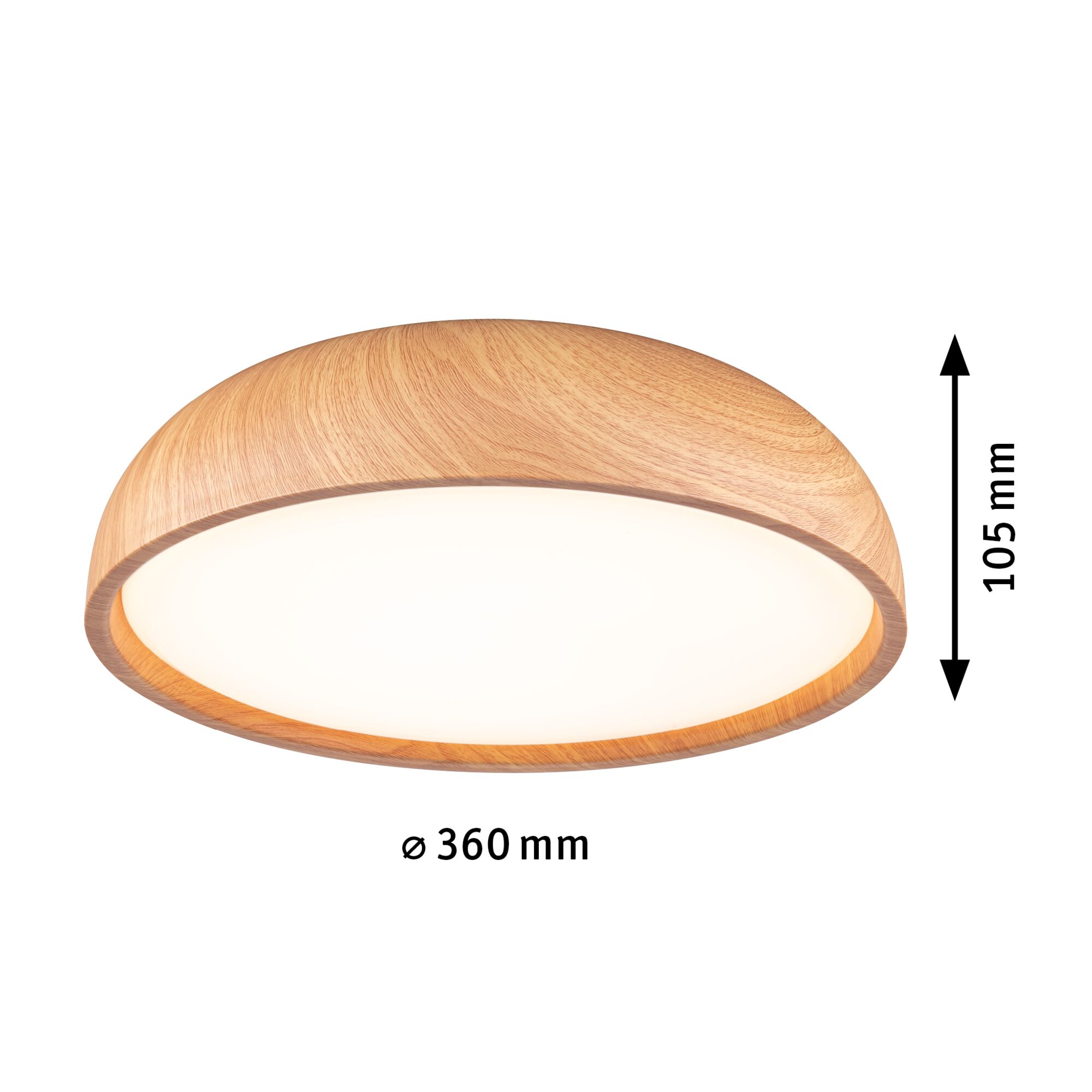 Round wooden ceiling light in natural color, 360 mm diameter and 105 mm height, LED lighting