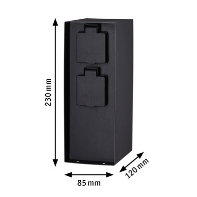 Schwarze Metall-Steckdosenleiste mit zwei Abdeckungen, Maße 230x85x120 mm, robuste Außensteckdose