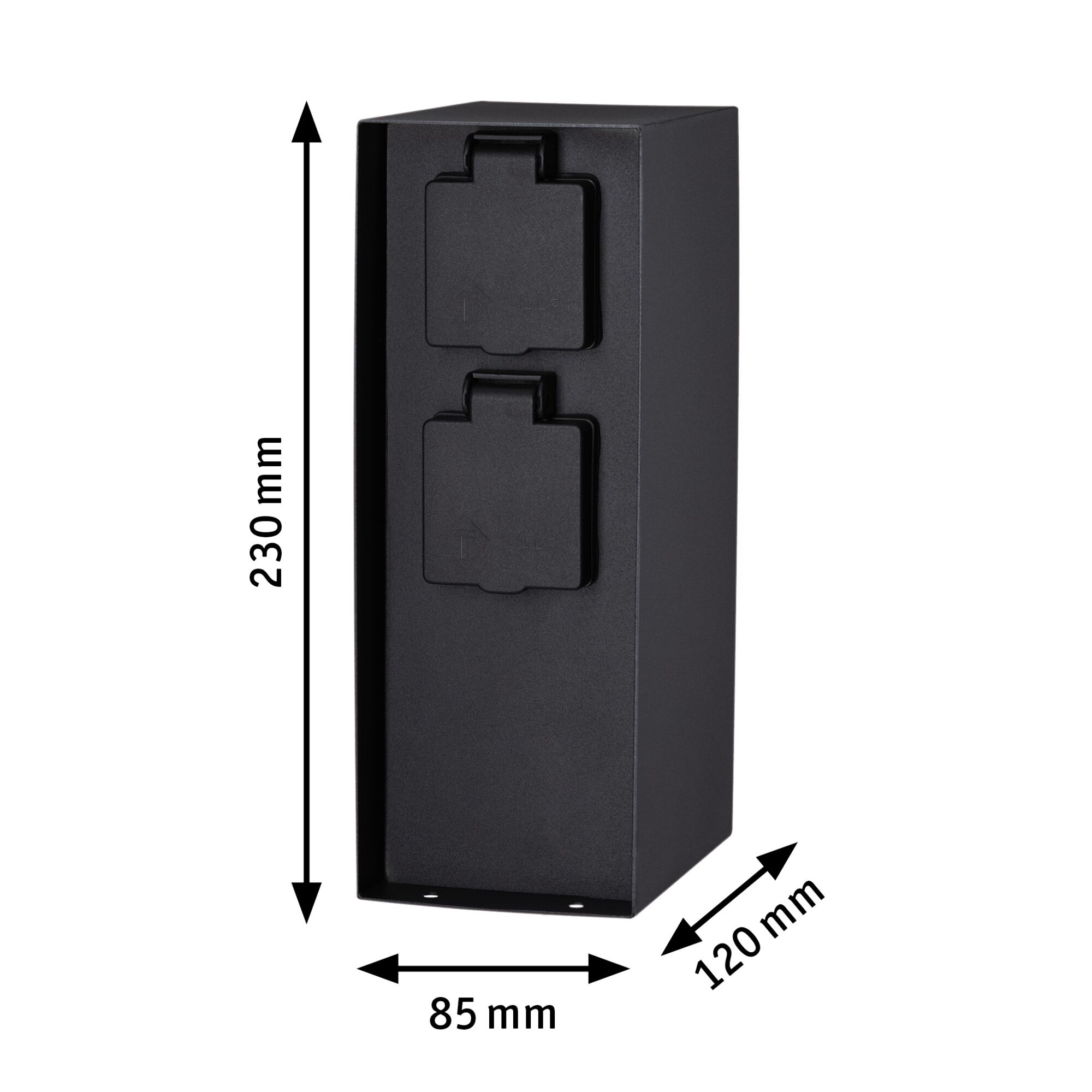 Boîtier de prise extérieur noir en métal avec deux couvercles, dimensions 230x85x120 mm, prise robuste
