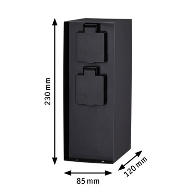 Boîtier de prise extérieur noir en métal avec deux couvercles, dimensions 230x85x120 mm, prise robuste
