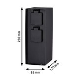 Schwarze Metall-Steckdosenleiste mit zwei Abdeckungen, Maße 230x85x120 mm, robuste Außensteckdose