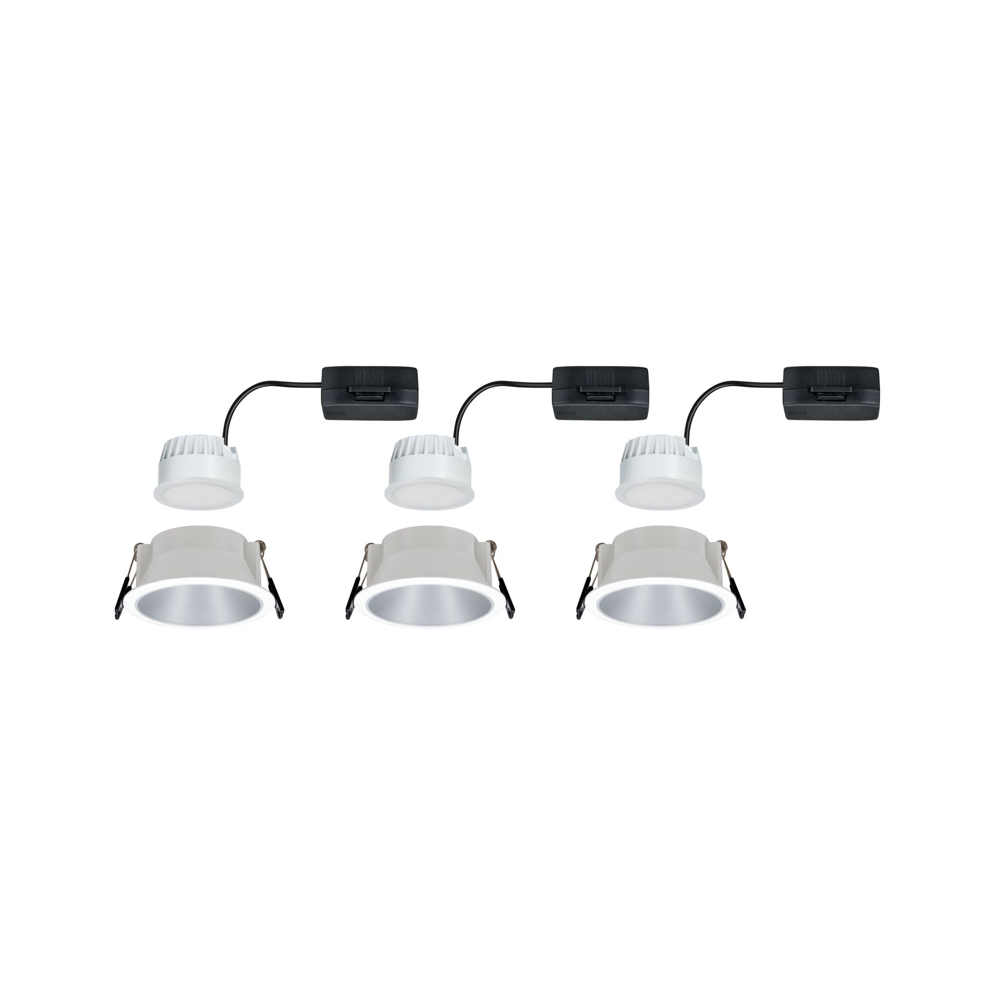 Drie witte LED-inbouwspots met zwarte driver en zilveren reflector voor moderne verlichting