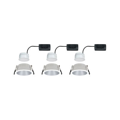 Drie witte LED-inbouwspots met zwarte driver en zilveren reflector voor moderne verlichting