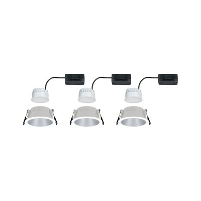 Drei weiße LED-Einbaustrahler mit schwarzem Treiber und silbernem Reflektor für moderne Raumbeleuchtung