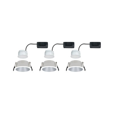 Drei weiße LED-Einbaustrahler mit schwarzem Treiber und silbernem Reflektor für moderne Raumbeleuchtung
