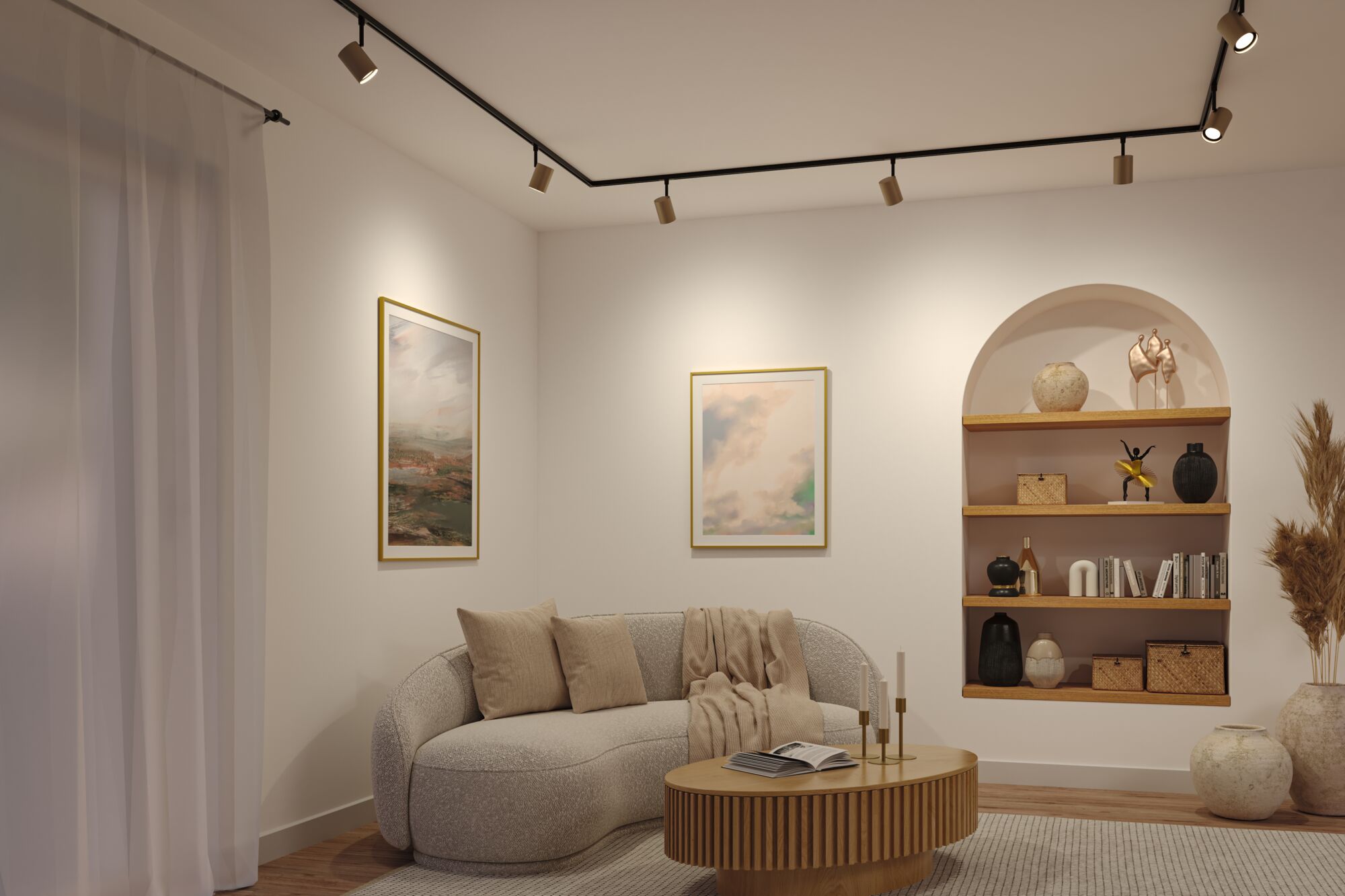 Wohnzimmer mit cremefarbenem Stoffsofa, Holz-Couchtisch und schwarzen Deckenstrahlern für moderne Beleuchtung