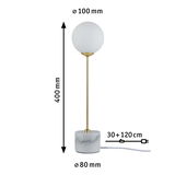 Moderne bordlampe med hvid glasglobeskærm og marmorbase, guldfarvet stang, LED-lys