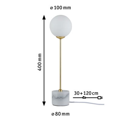 Moderne tafellamp met witte glazen bol en marmeren voet, gouden staaf, LED-verlichting