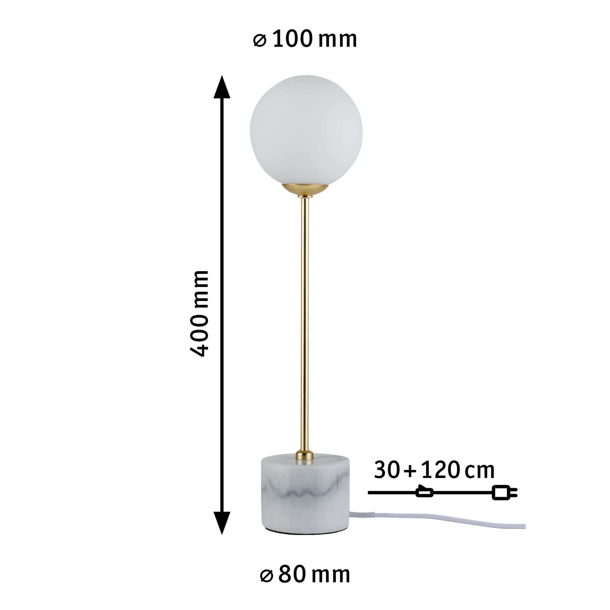 Moderne Tischleuchte mit weißem Glaskugel-Schirm und Marmorfuß, goldfarbener Stab, LED Lampe