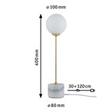 Moderne Tischleuchte mit weißem Glaskugel-Schirm und Marmorfuß, goldfarbener Stab, LED Lampe