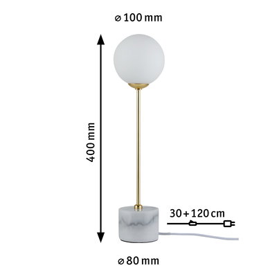 Moderne Tischleuchte mit weißem Glaskugel-Schirm und Marmorfuß, goldfarbener Stab, LED Lampe