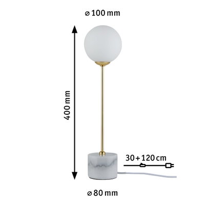 Moderne Tischleuchte mit weißem Glaskugel-Schirm und Marmorfuß, goldfarbener Stab, LED Lampe